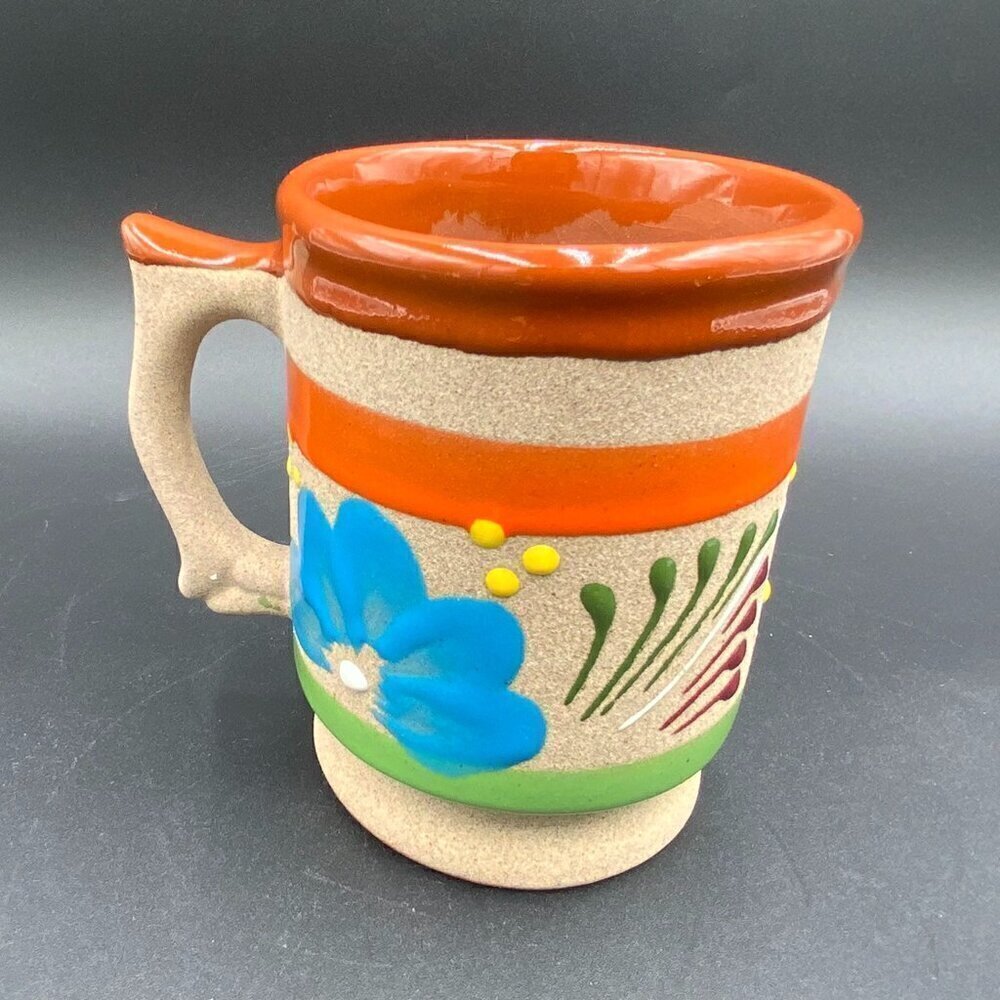 Handcrafted Artisan Coffee Mug Cup Unsigned Floral Blue, Yellow, Orange Accents